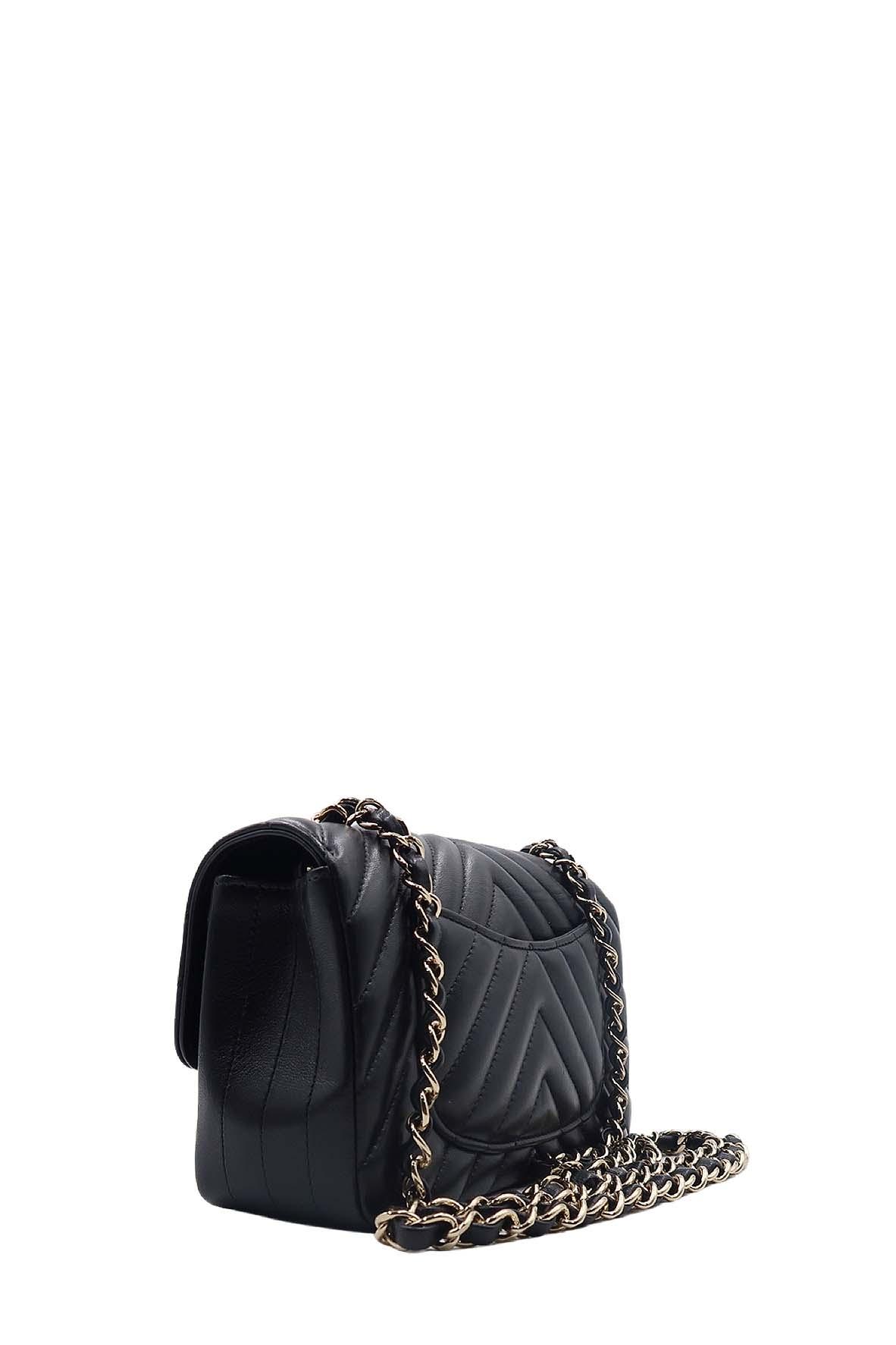 Chevron Classic Mini Rectangular Flap Bag with Gold Hardware Black