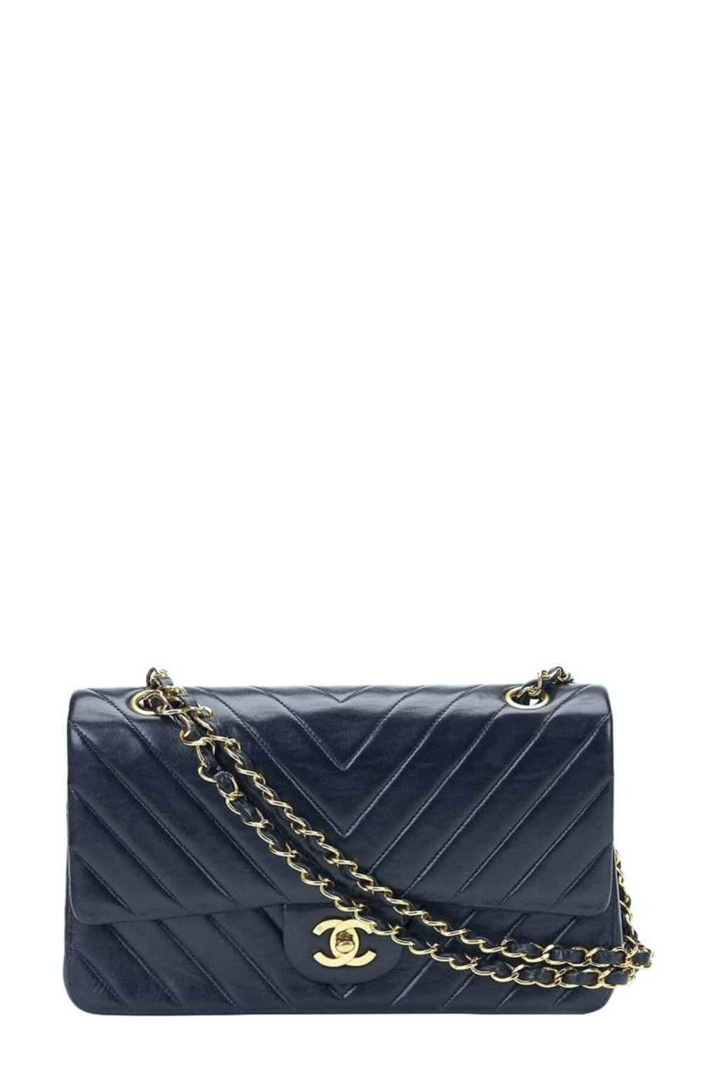 Chevron Lambskin Medium Classic Flap Bag Navy with Gold Hardware