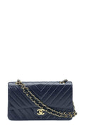 Chevron Lambskin Medium Classic Flap Bag Navy with Gold Hardware