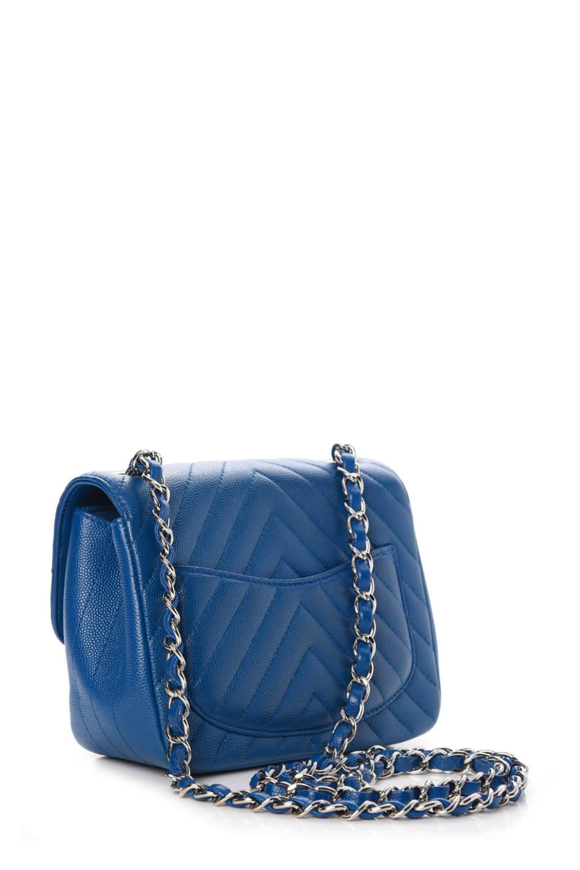 Chevron Quilted Caviar Classic Mini Square Flap Blue with Silver Hardware