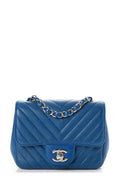Chevron Quilted Caviar Classic Mini Square Flap Blue with Silver Hardware