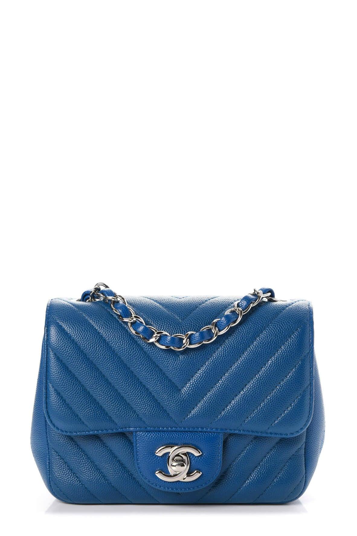 Chevron Quilted Caviar Classic Mini Square Flap Blue with Silver Hardware