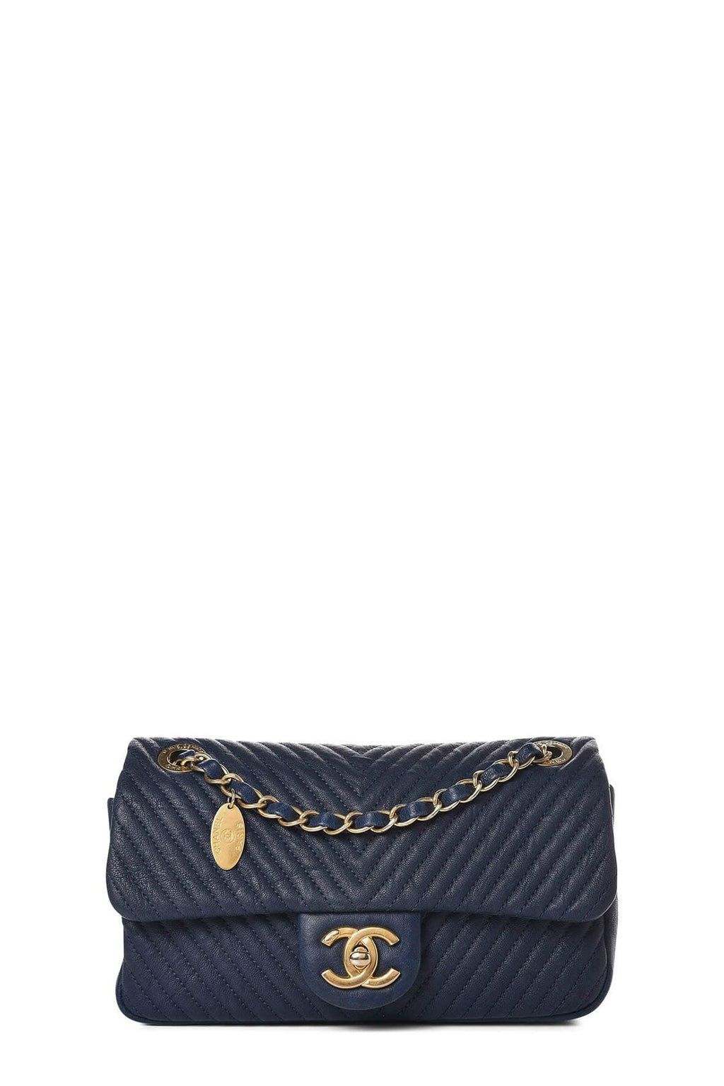 Chevron Surpique Flap Bag Navy