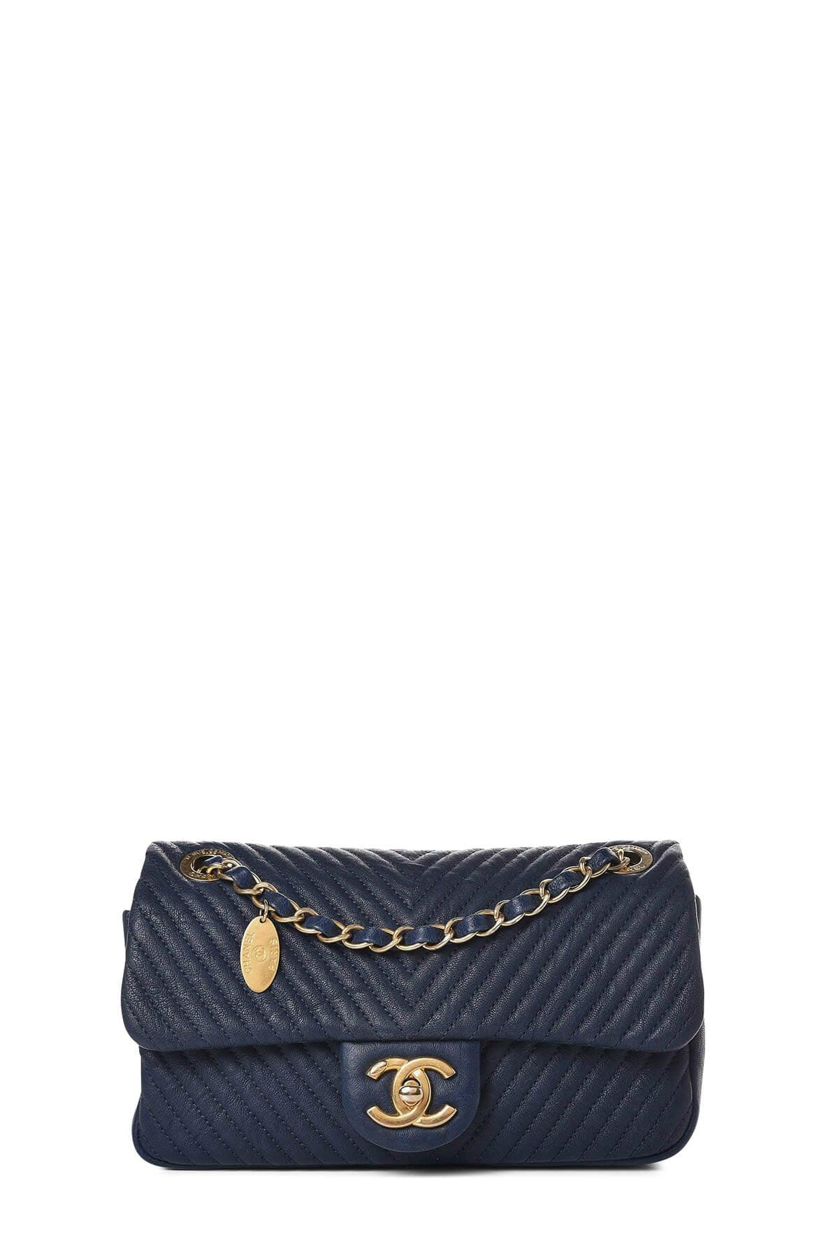 Chevron Surpique Flap Bag Navy