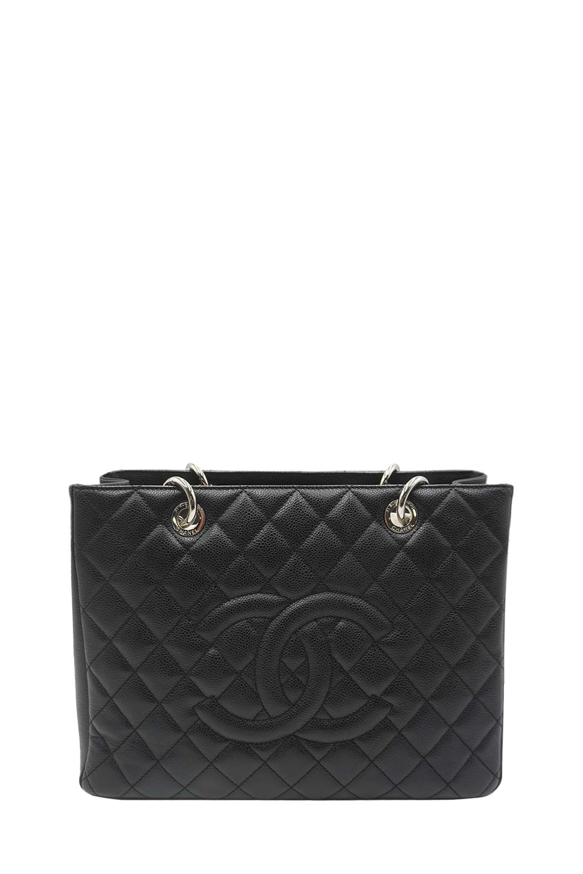 Grand Shopping Tote Caviar with Silver Hardware Black