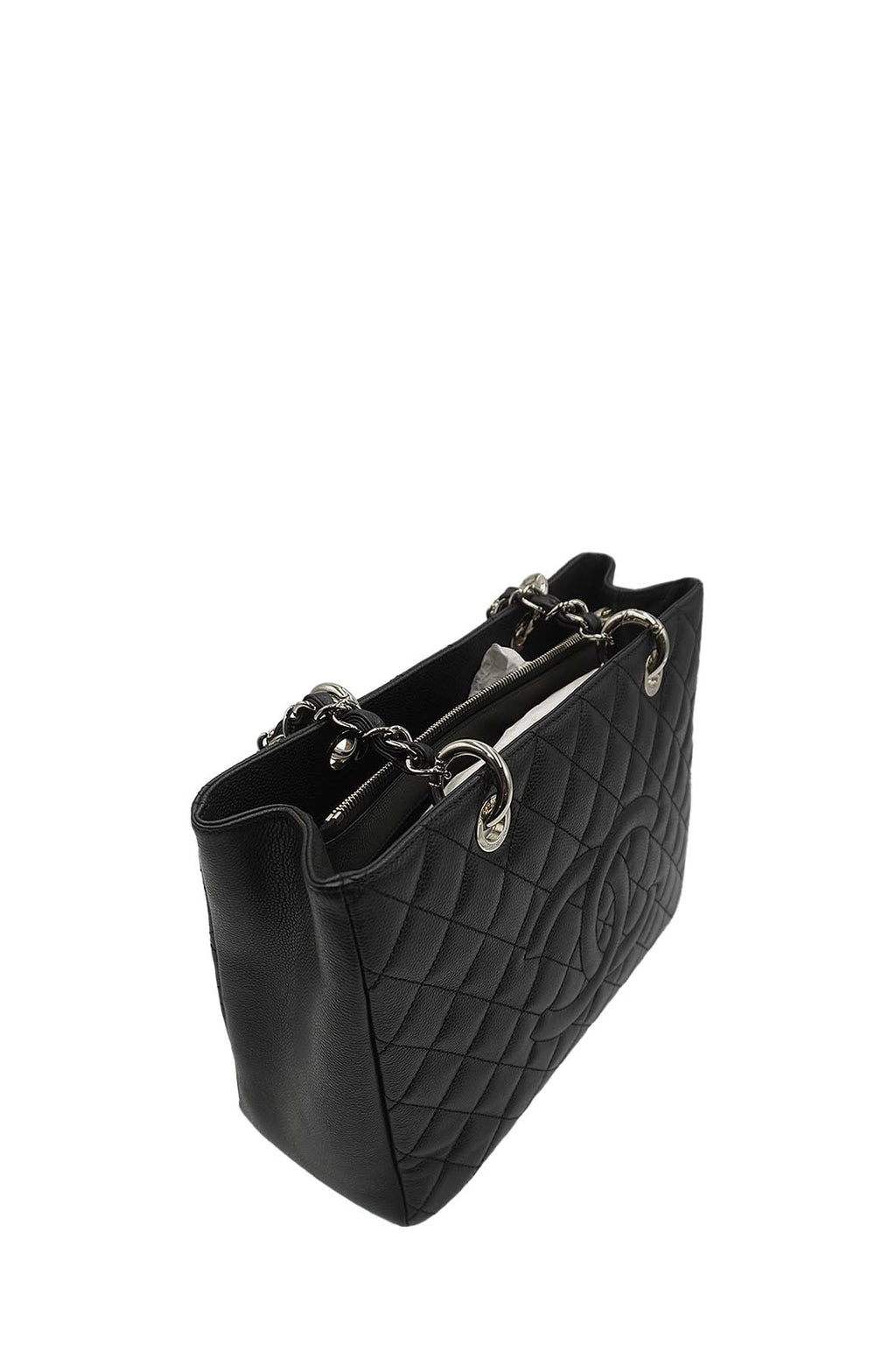 Grand Shopping Tote Caviar with Silver Hardware Black