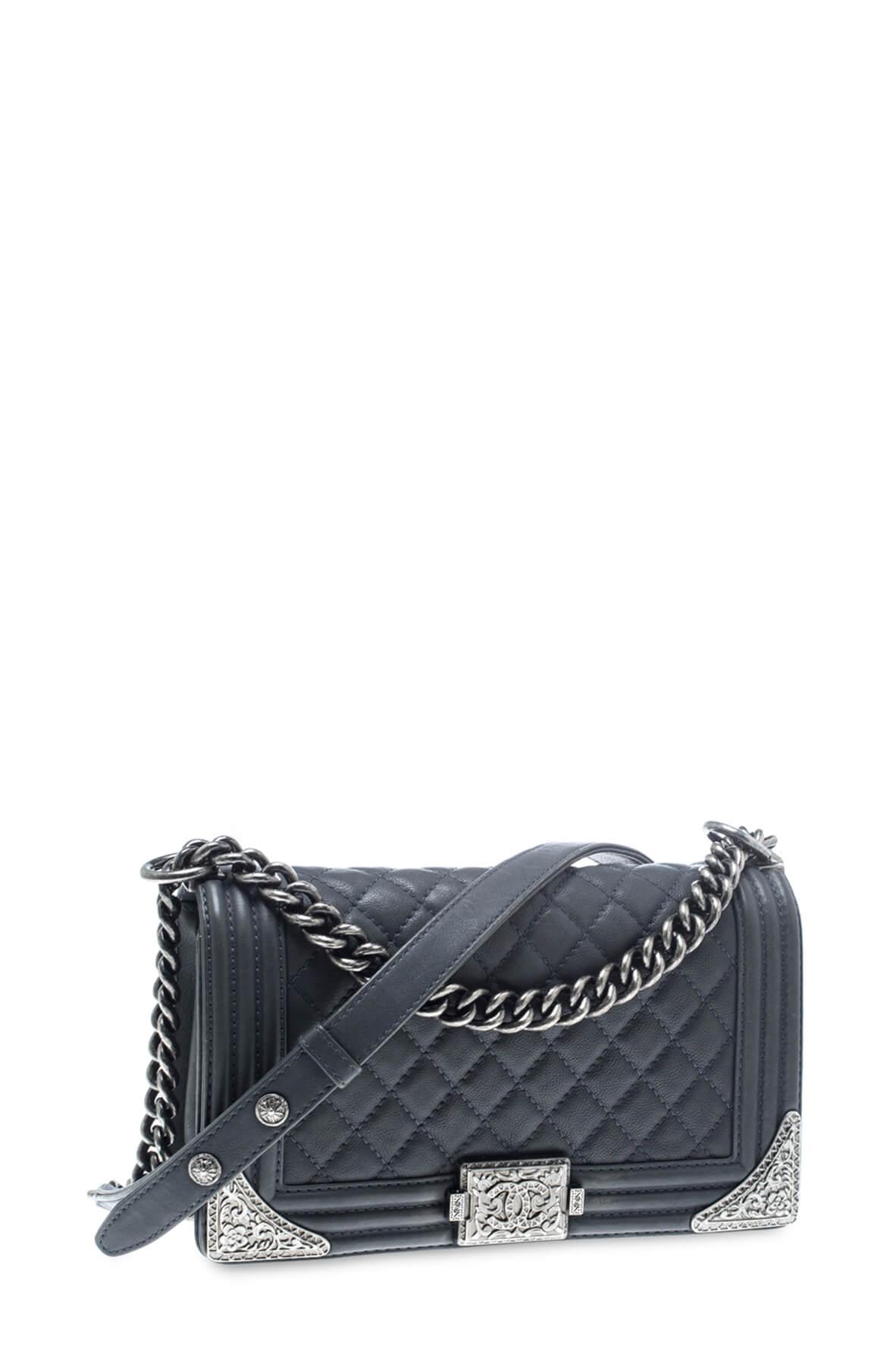 Medium Lambskin Quilted 'Paris-Dallas' Boy Dark Grey with Metal Adornments