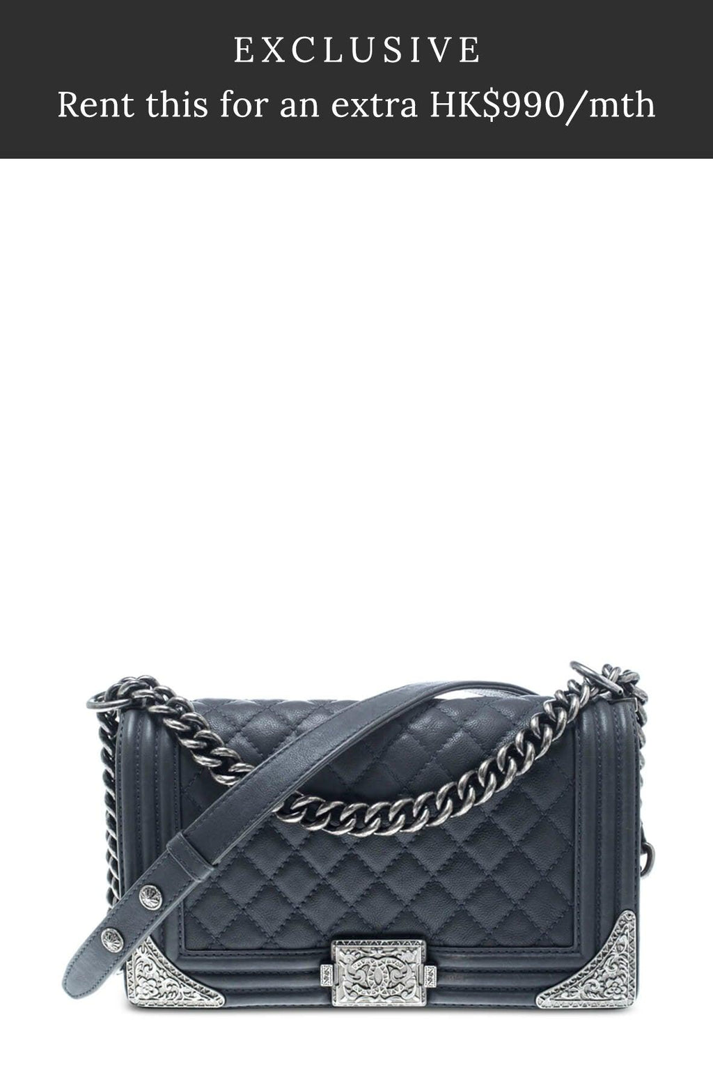 Medium Lambskin Quilted 'Paris-Dallas' Boy Dark Grey with Metal Adornments