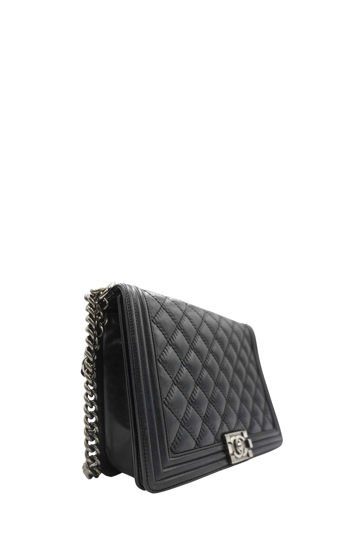 Large Classic Quilted Boy Silver Hardware Black