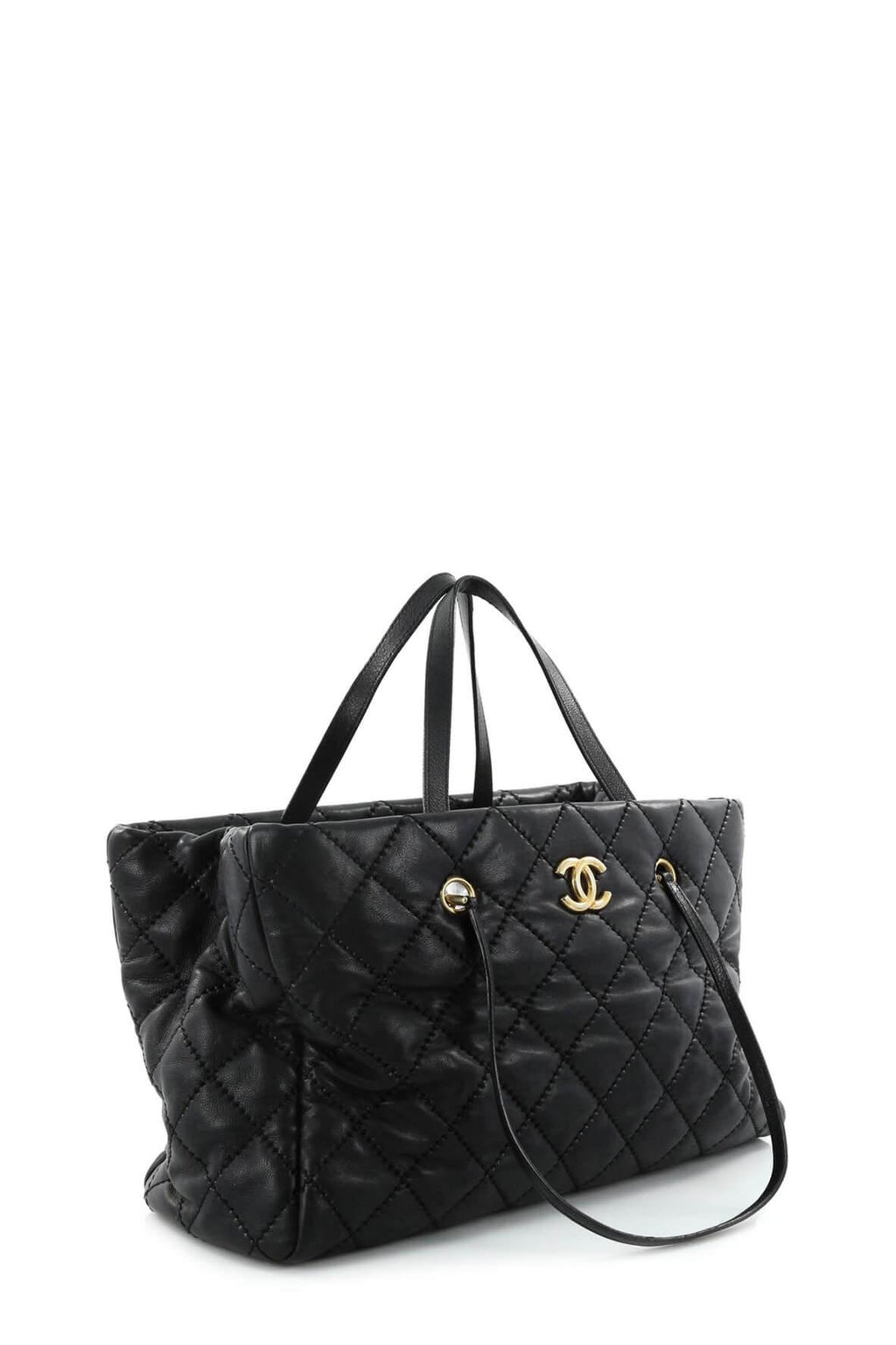 Large Quilted Retro Chain Shopping Tote Black