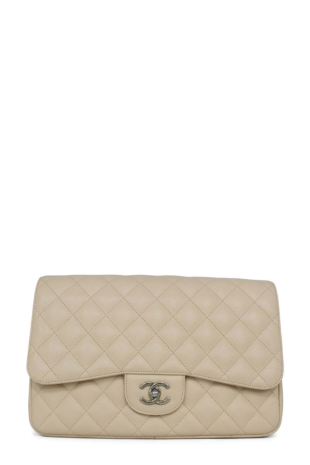 Quilted Caviar Jumbo Classic Single Flap Bag Beige with Silver Hardware