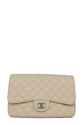 Quilted Caviar Jumbo Classic Single Flap Bag Beige with Silver Hardware