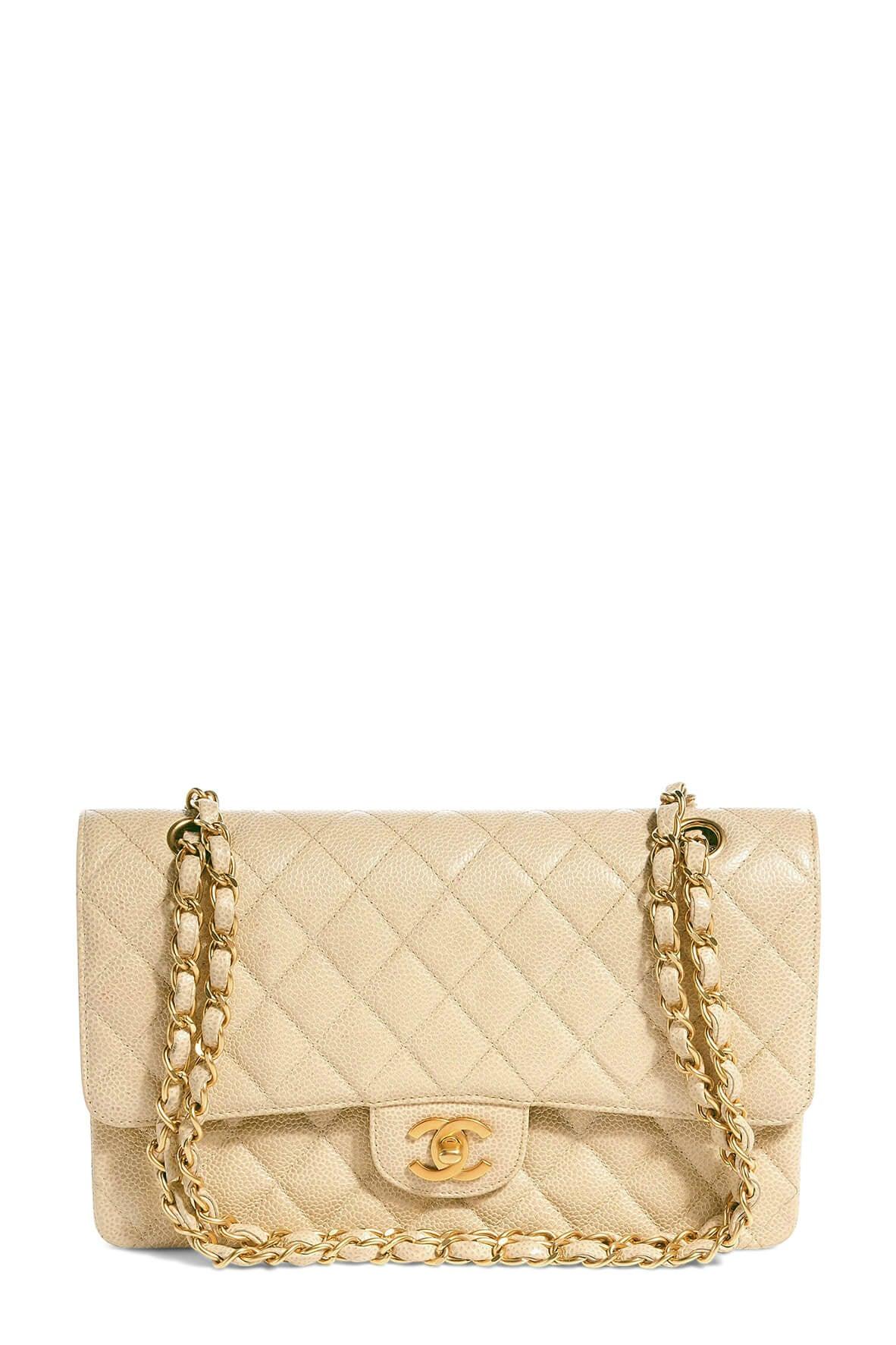Quilted Caviar Medium Classic Flap Bag Beige with Gold Hardware