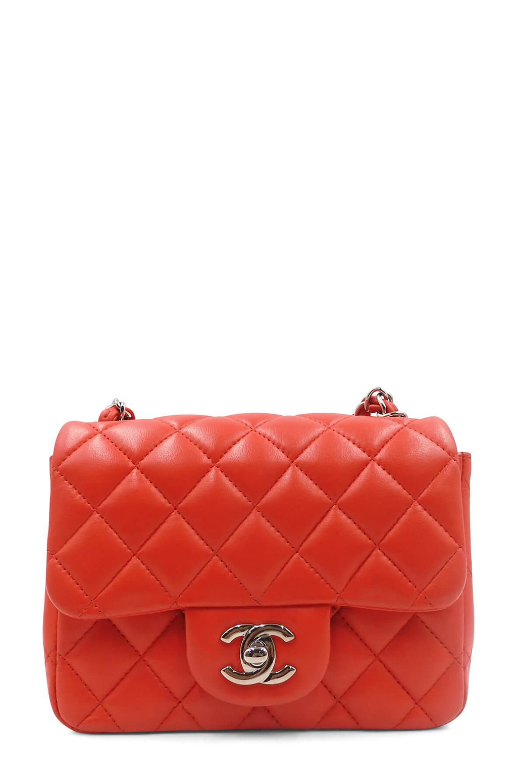 Quilted Lambskin Classic Mini Square Flap Red with Silver Hardware