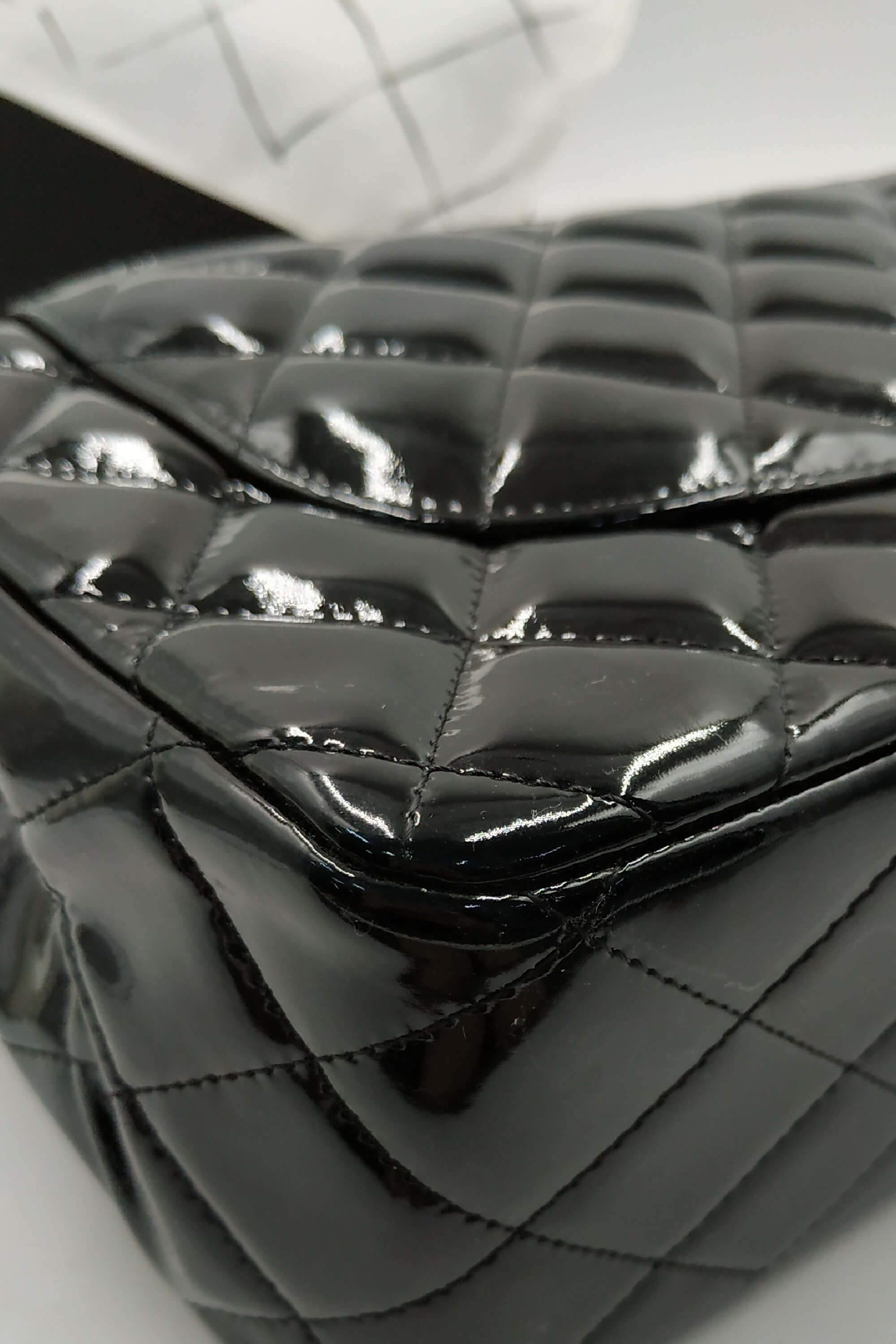 Quilted Patent Jumbo Classic Flap Bag with Silver Hardware Black