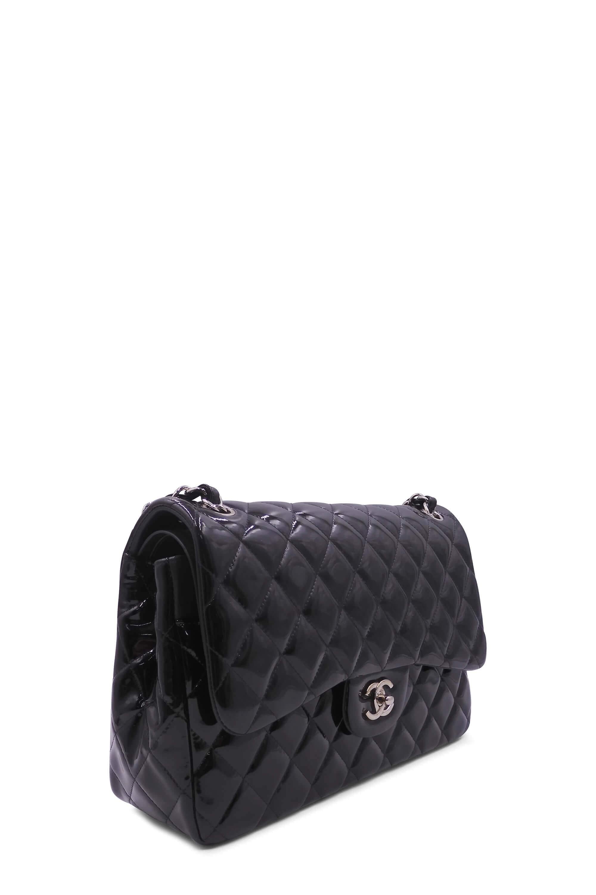 Quilted Patent Jumbo Classic Flap Bag with Silver Hardware Black