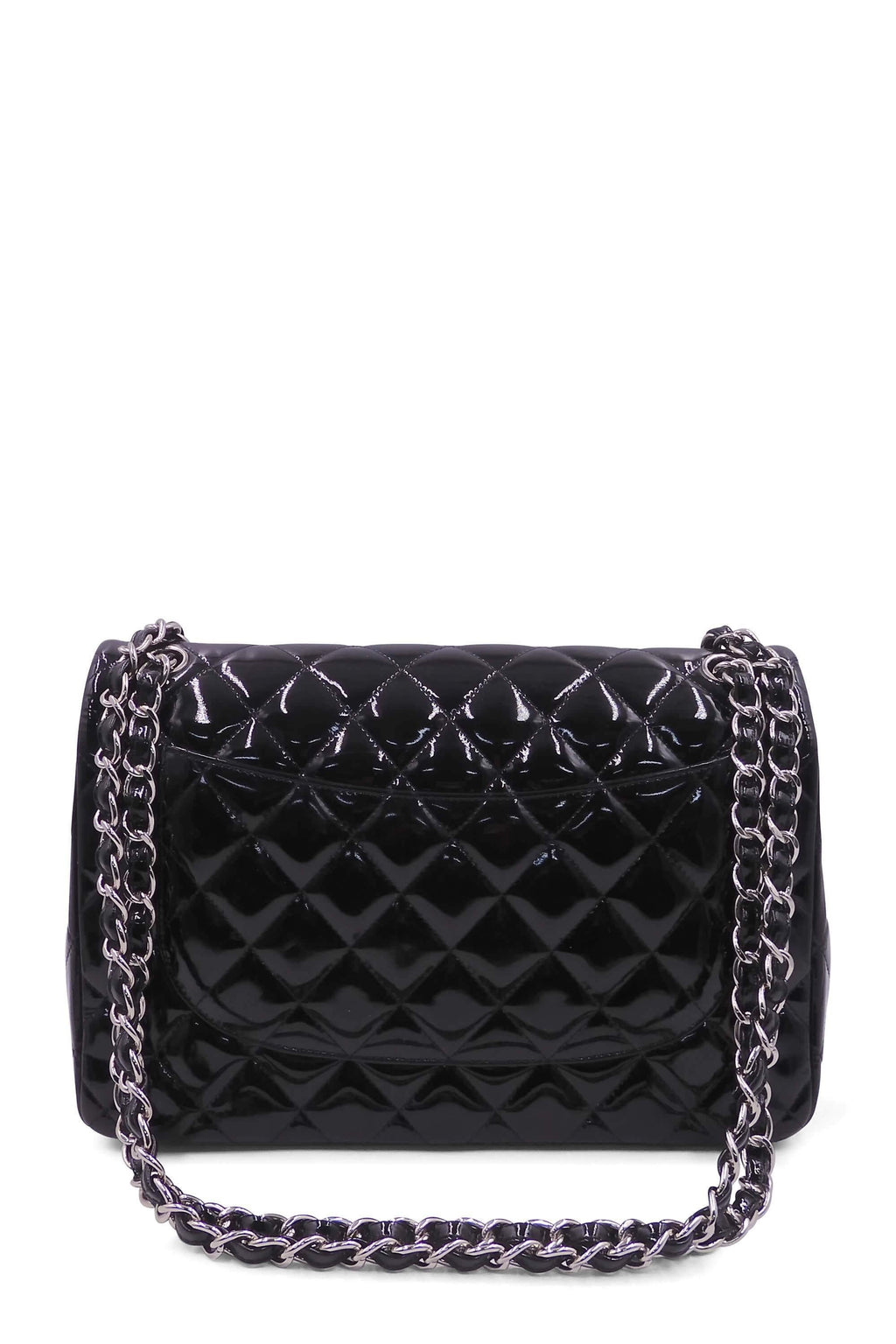 Quilted Patent Jumbo Classic Flap Bag with Silver Hardware Black
