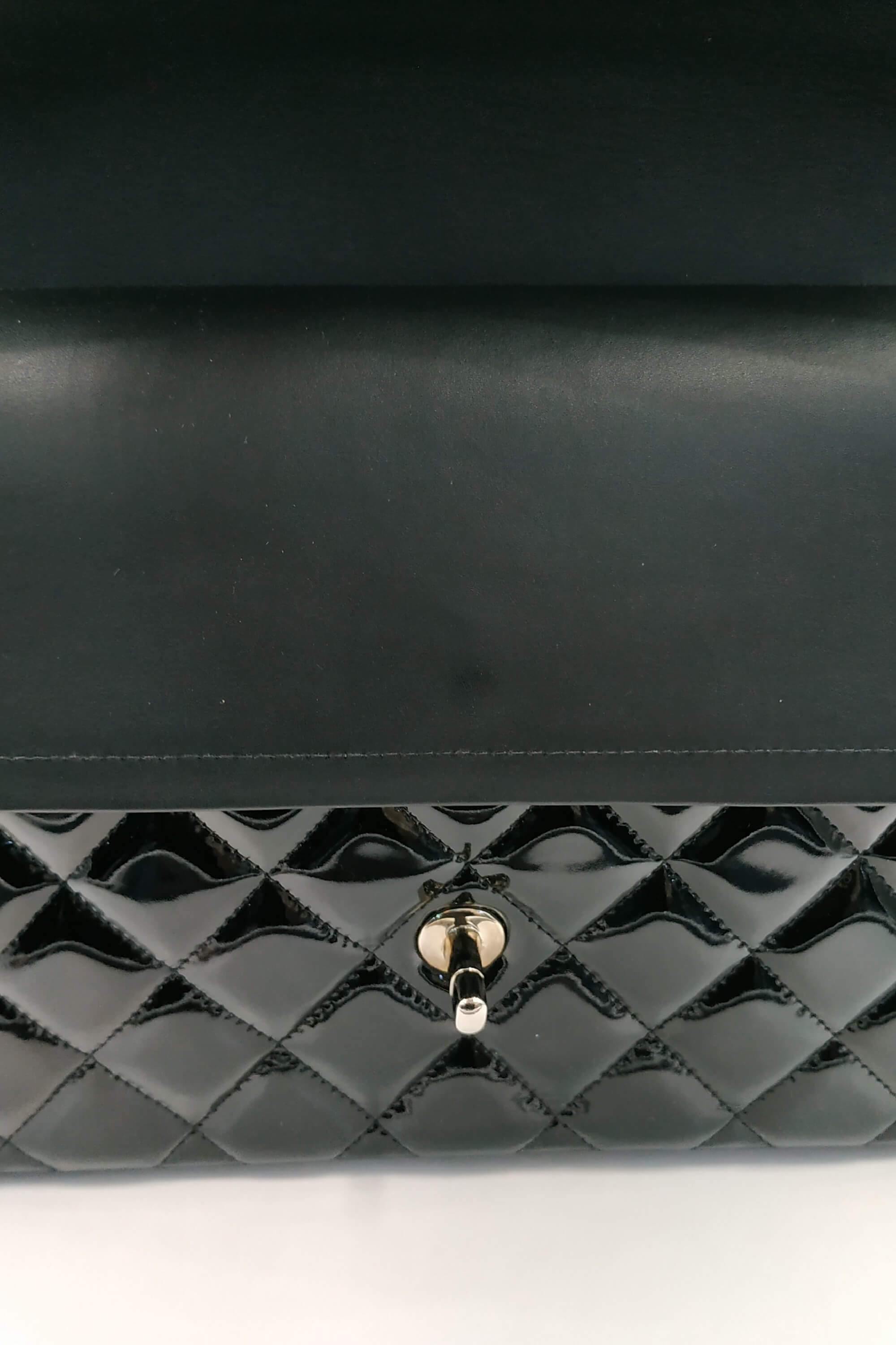 Quilted Patent Jumbo Classic Flap Bag with Silver Hardware Black