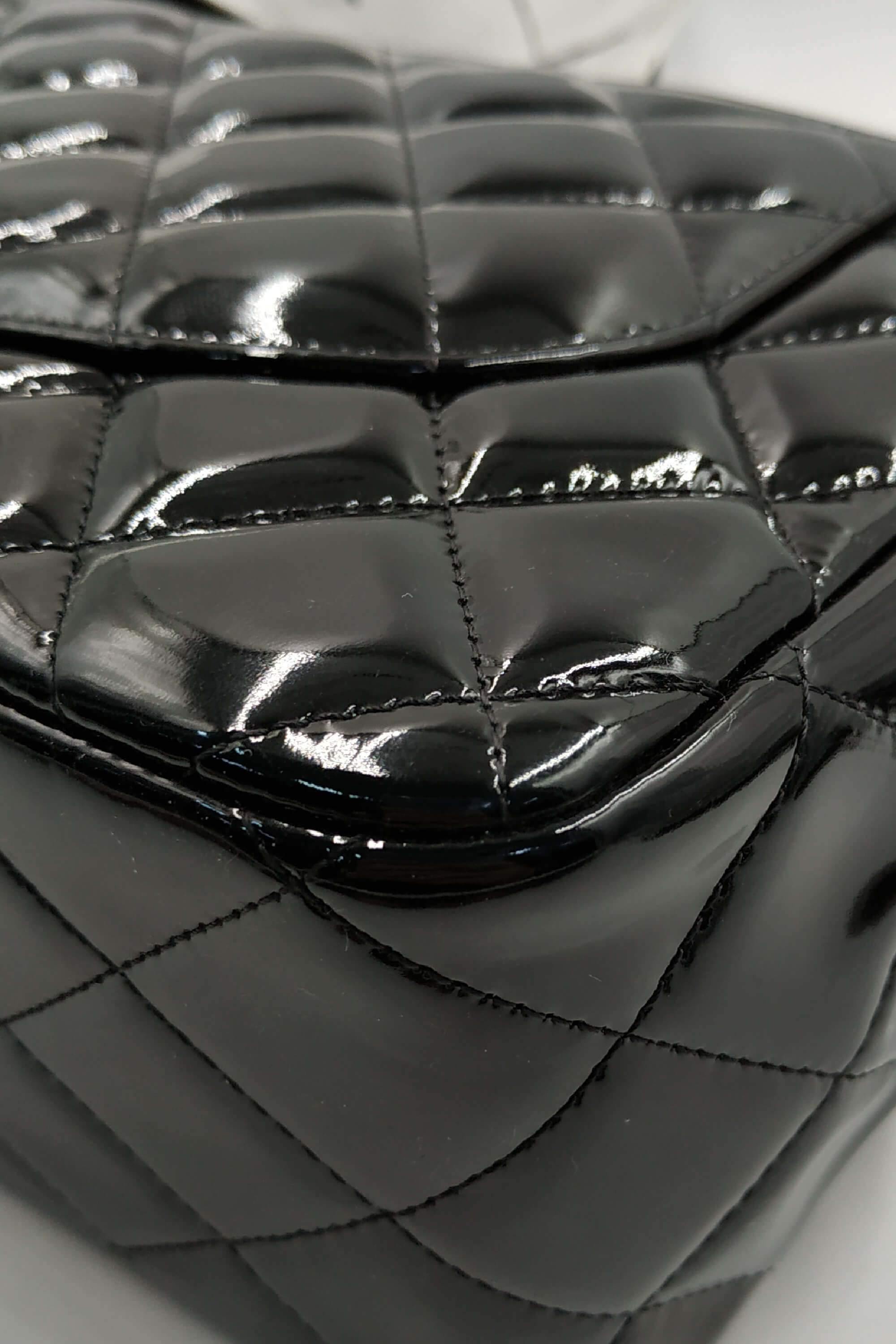 Quilted Patent Jumbo Classic Flap Bag with Silver Hardware Black