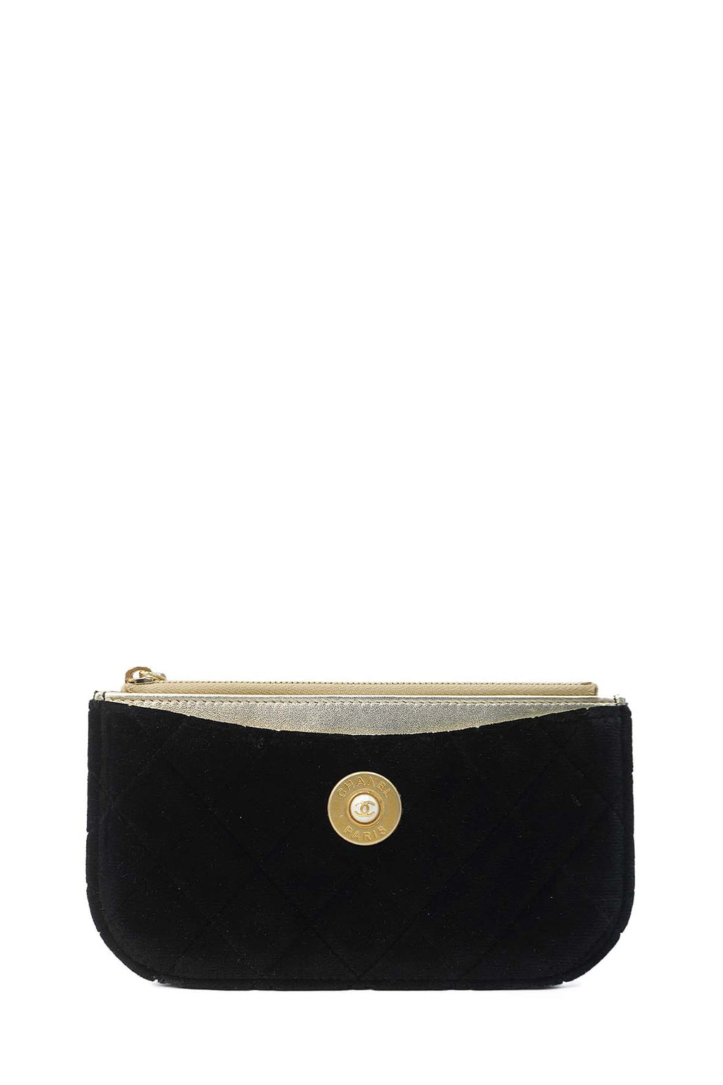 Small CC Button Zip Pouch Quilted Velvet Black