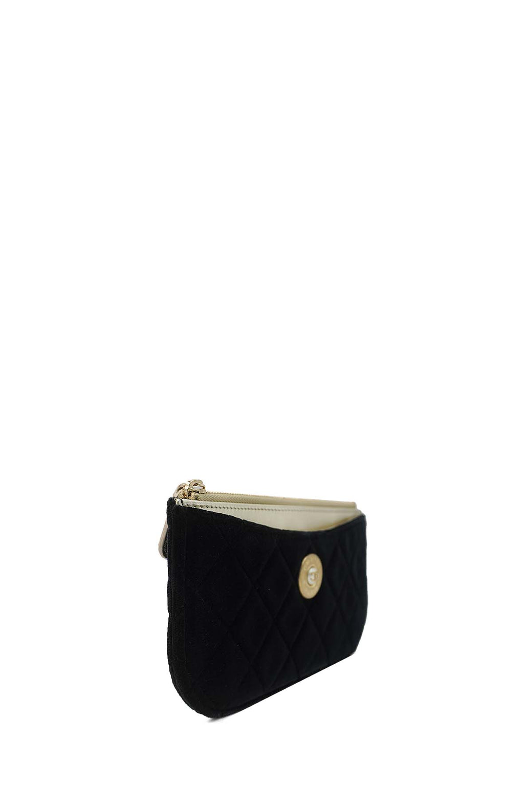 Small CC Button Zip Pouch Quilted Velvet Black