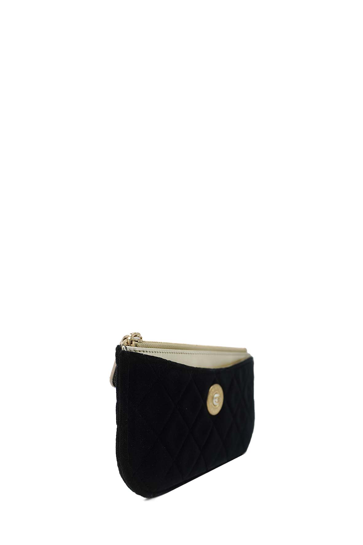 Small CC Button Zip Pouch Quilted Velvet Black