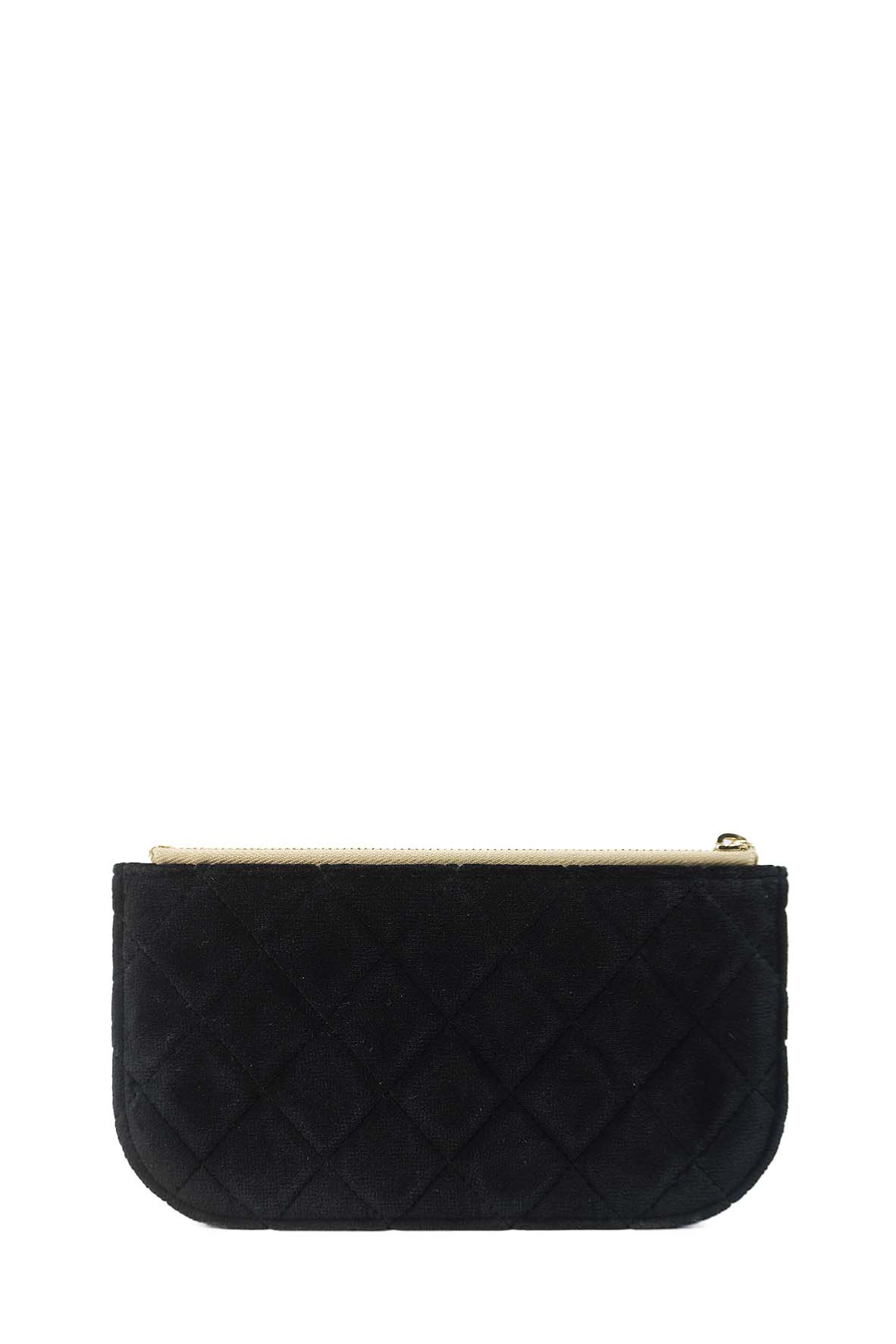 Small CC Button Zip Pouch Quilted Velvet Black