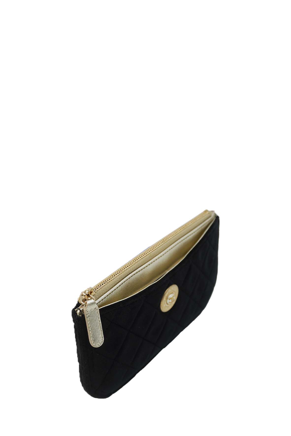 Small CC Button Zip Pouch Quilted Velvet Black