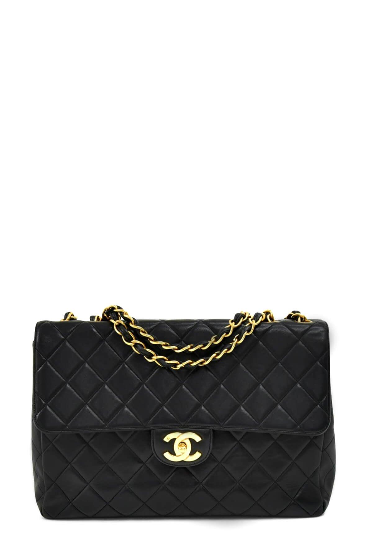 Vintage Quilted Lambskin Jumbo Classic Flap Bag Black with Gold Hardware