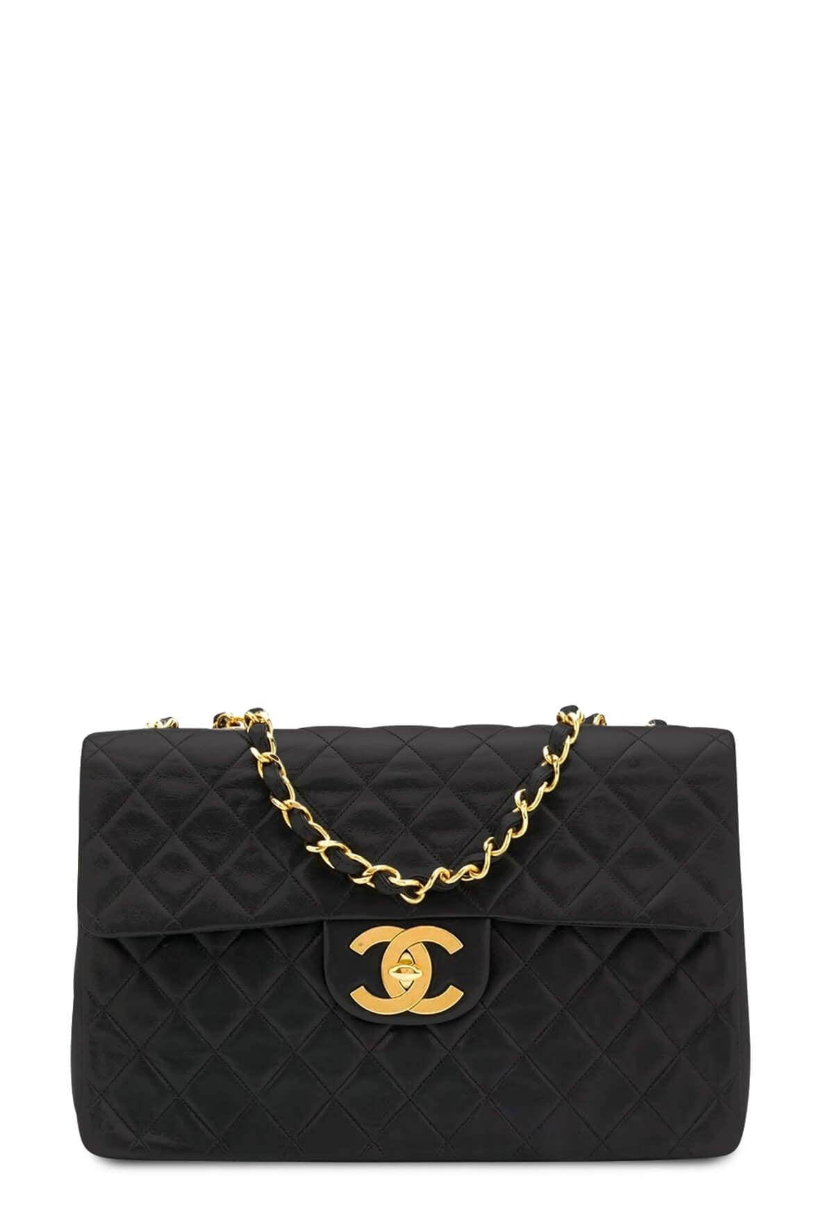 Vintage Quilted Lambskin Maxi Classic Flap Bag Black with Gold Hardware