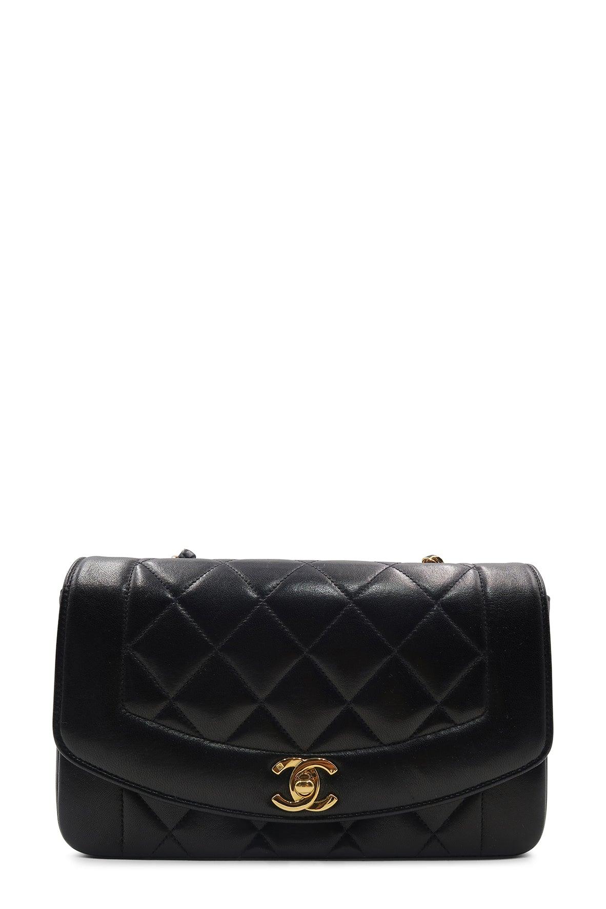 Vintage Quilted Lambskin Small Diana Flap with Gold Hardware Black