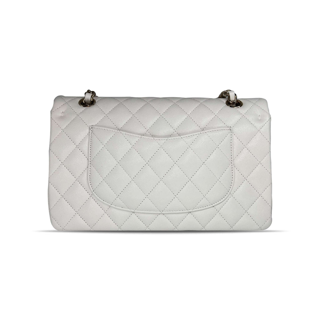 Pre owned Chanel optic white caviar leather double flap closure designer bag