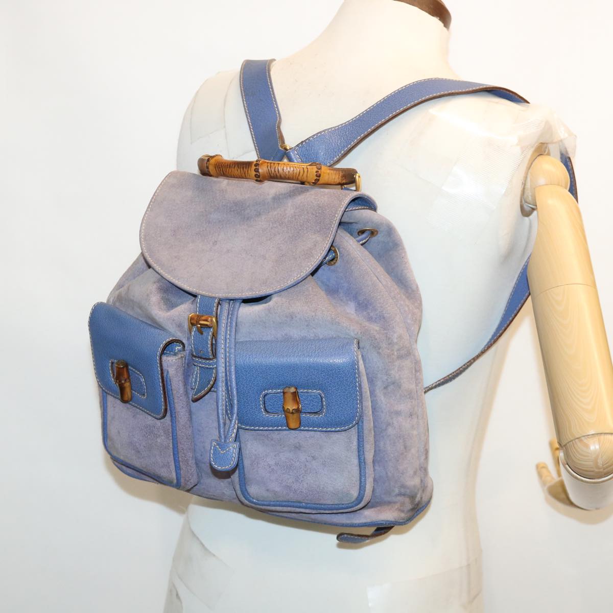 GUCCI Backpack Suede Leather Blue cl359