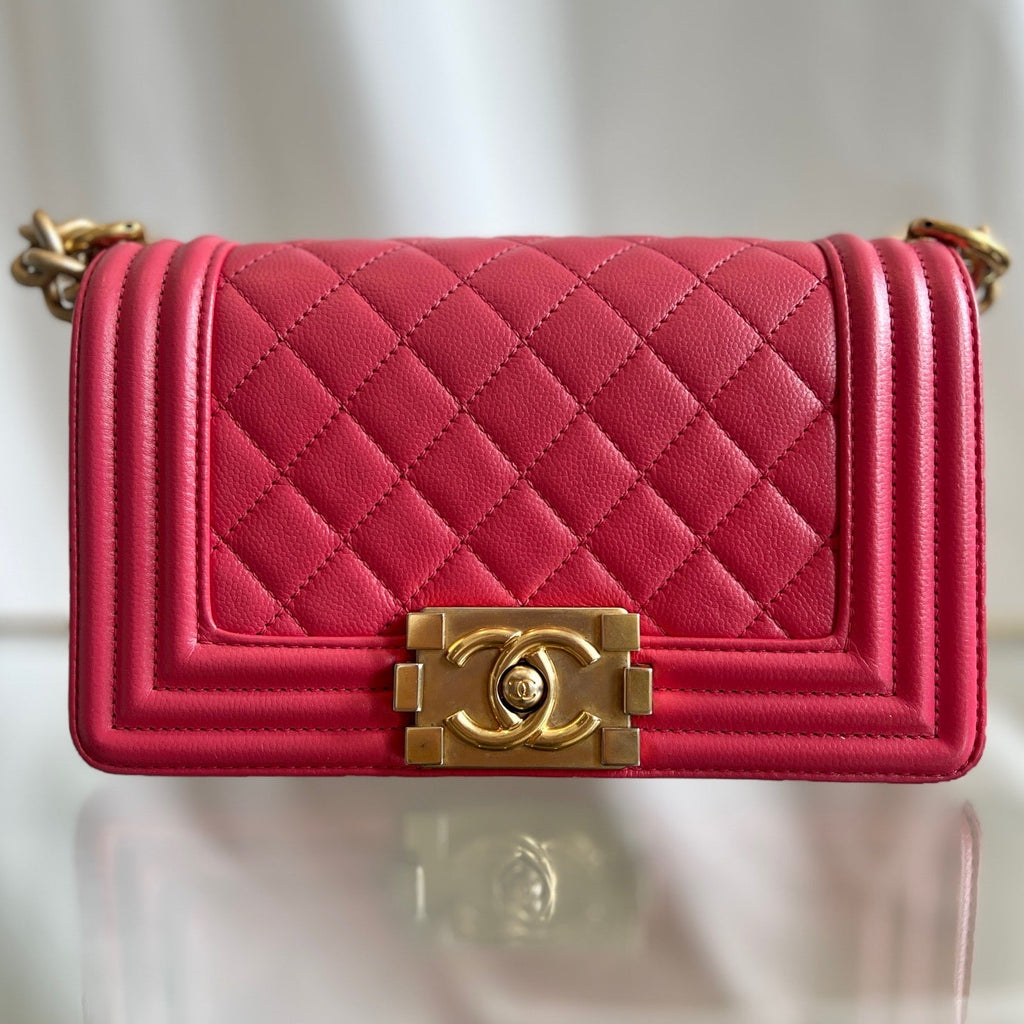 CHANEL Coral Pink Caviar Leather Small Boy Bag