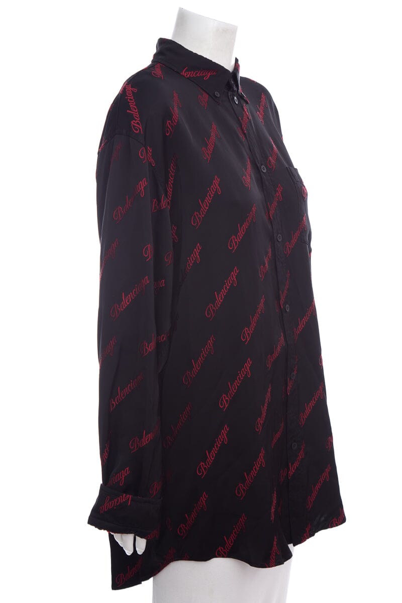 Balenciaga Black & Red Silk Long Sleeve Script Logo Blouse SZ 38 NWT