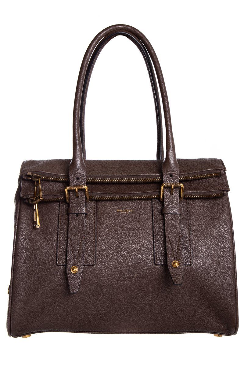 Belstaff Brown Grained Leather Dual Fold Zipper Top Handle Bag