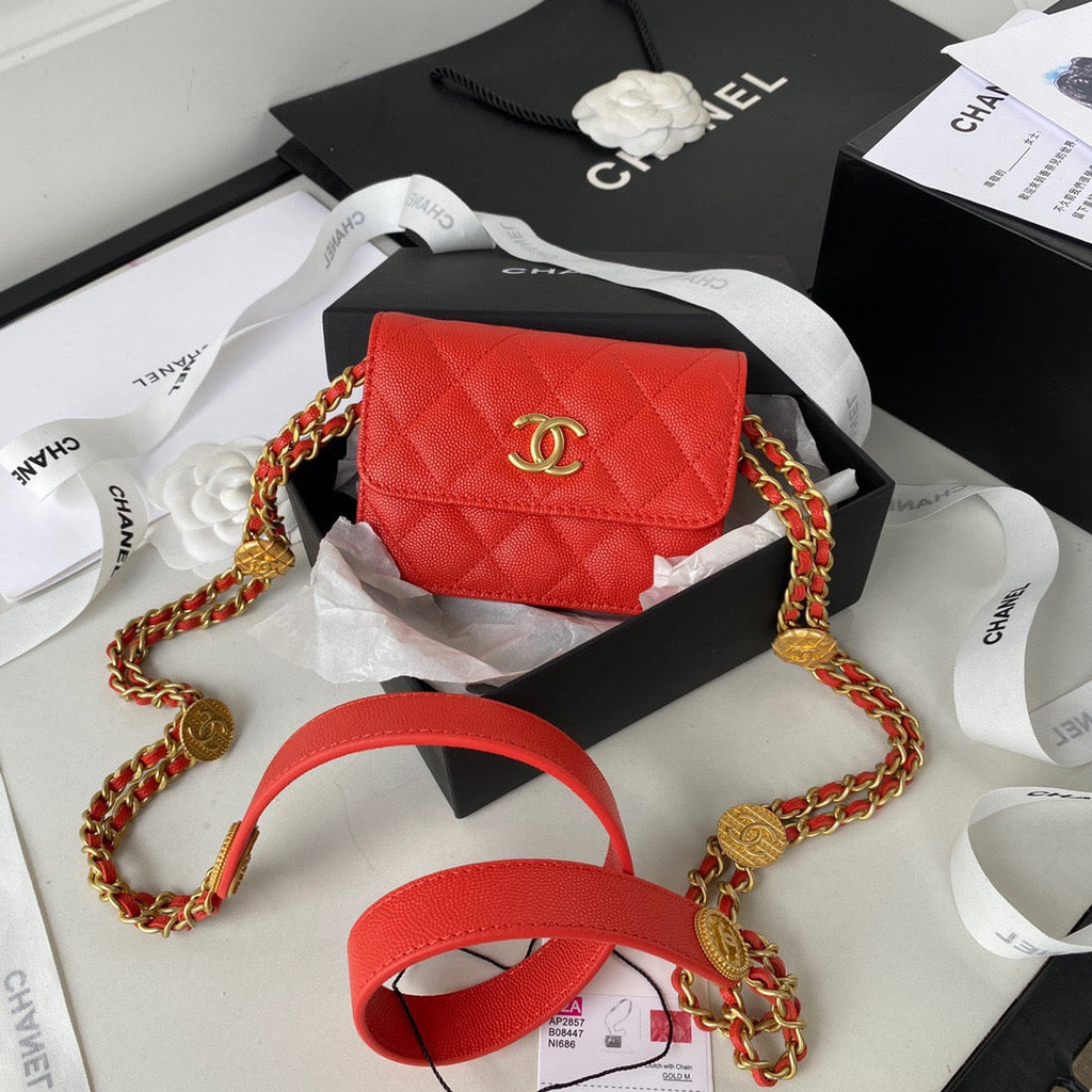CHL Clutch With Chain Gold Hardware Grained Shinny Red For Women, Women’s Handbags, Shoulder Bags 4.7in/12cm AP2857