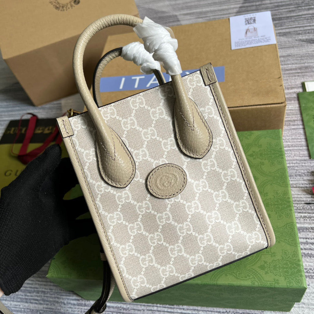 gg Mini Tote Bag With Interlocking G Beige For Women, Women’s Bags 7.8in/20cm gg ‎671623 UULBT 9683