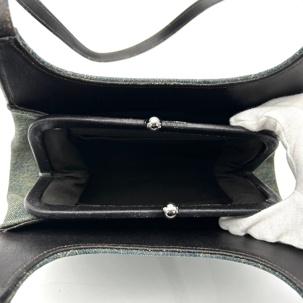 Pre-owned Chanel Denim Leather Shoulder Bag Green Medium LA18337