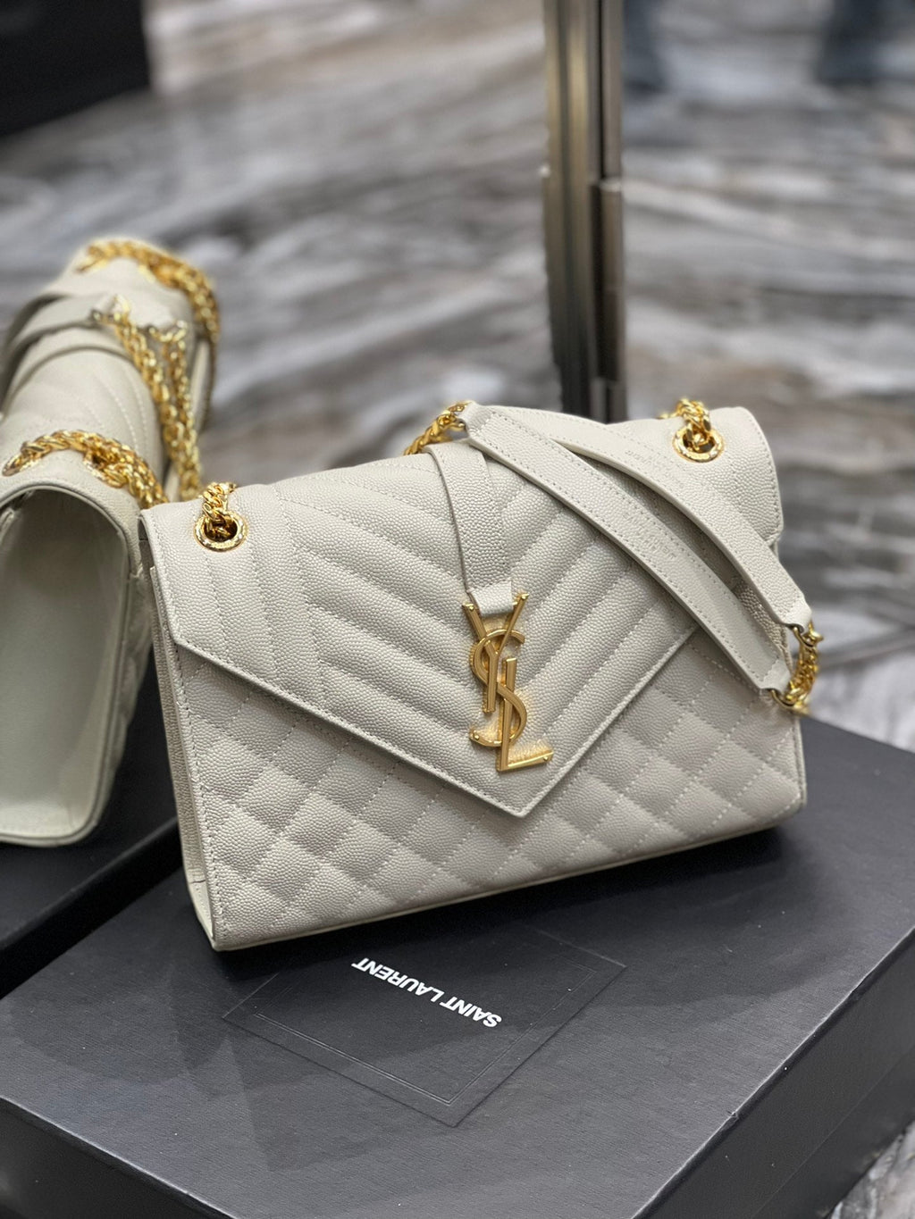 YSSL Envelope Medium Chain Bag White For Women, Women’s Bags 9.4in/24cm YSL