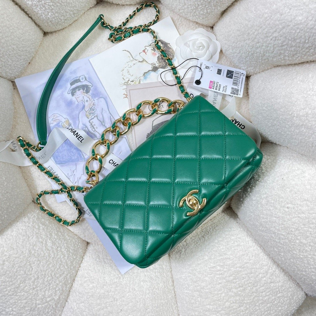 CHLLarge Flap Bag Gold Hardware Green For Women, Women’s Handbags, Shoulder Bags 9.1in/23cm AS3367