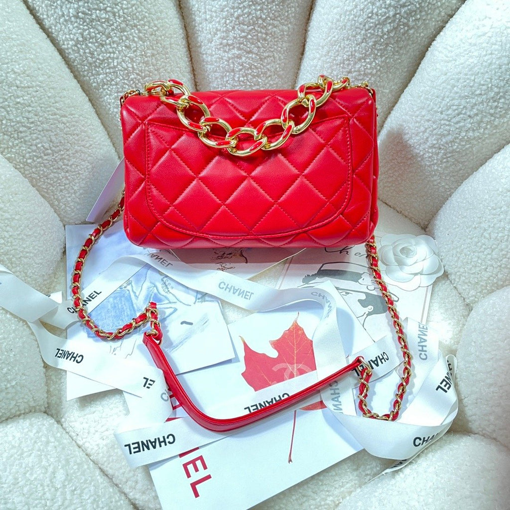 CHLLarge Flap Bag Gold Hardware Red For Women, Women’s Handbags, Shoulder Bags 9.1in/23cm AS3367