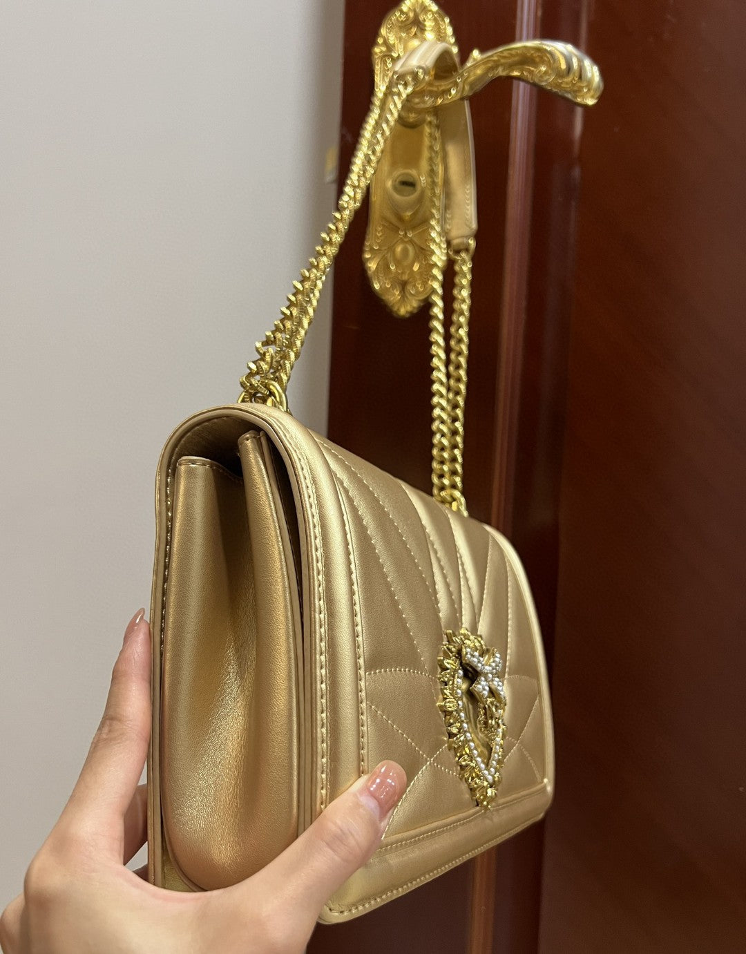 DG Large Devotion Bag In Quilted Nappa Gold For Women 10in/26cm DG