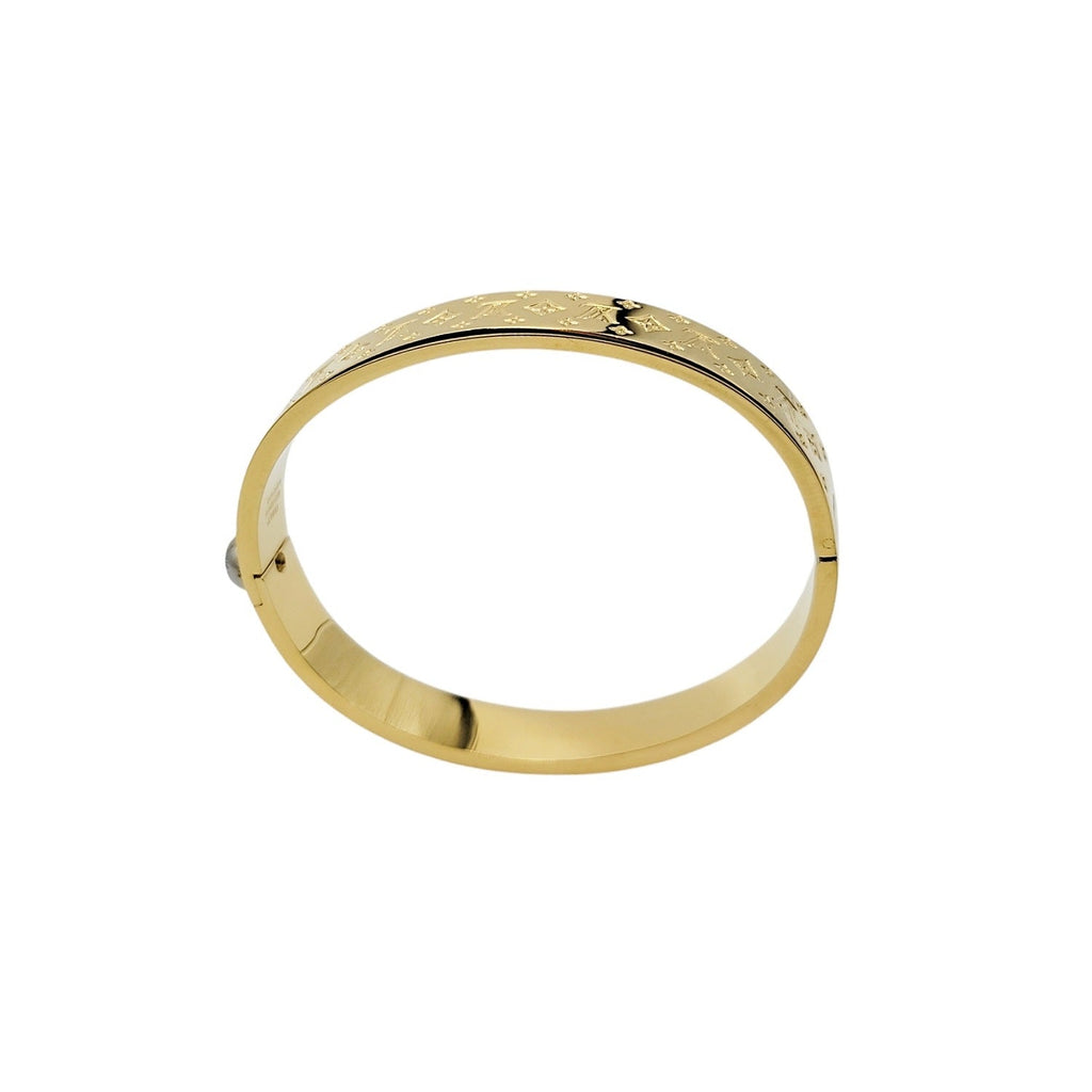 Louis Vuitton Gold Nanogram Hinged Cuff Bracelet Sz 6.5