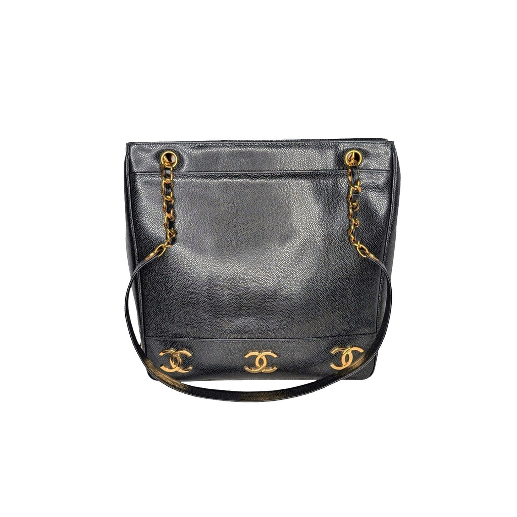 Chanel 90s Black Caviar Triple CC Shopping Tote
