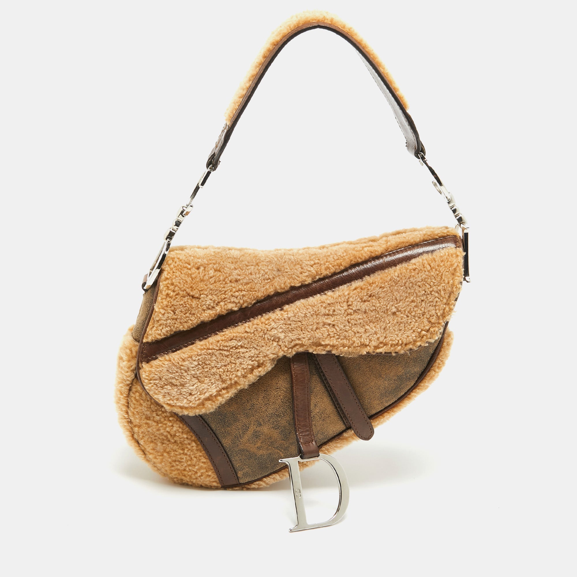 Dior /brown Shearling And Leather Saddle Bag