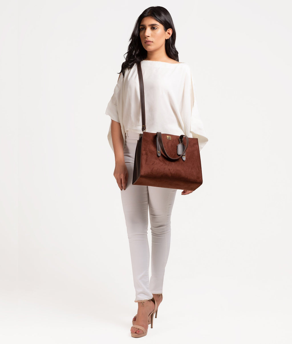Dark brown suede multi compartment satchel bag