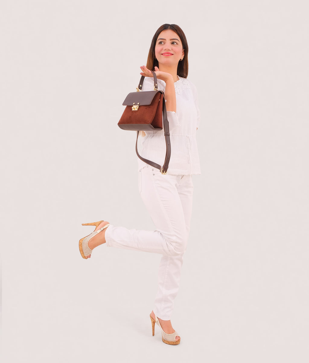 Dark brown suede mini top-handle bag