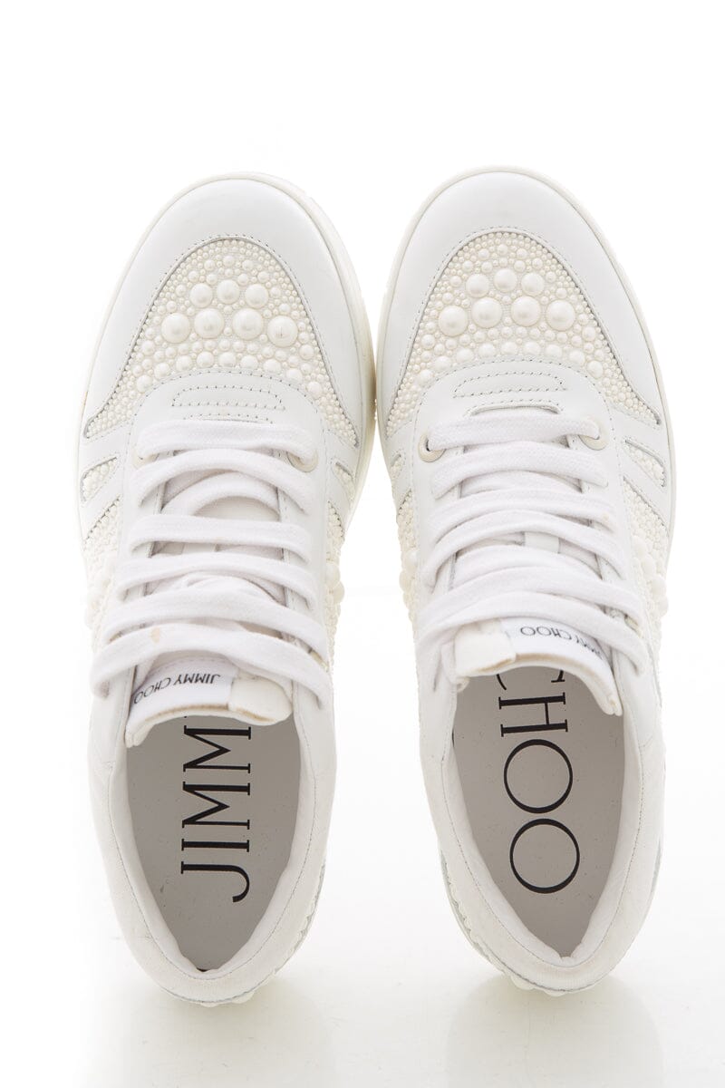 Jimmy Choo White Pearl Lace Up Sneakers SZ 39.5