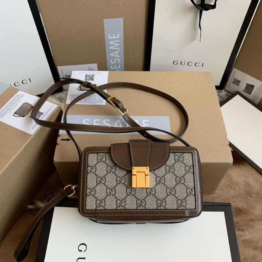 gg Mini Bag With Clasp Closure Beige/Ebony gg Supreme Canvas For Women 7.1in/18cm gg 614368 92TCG 8563
